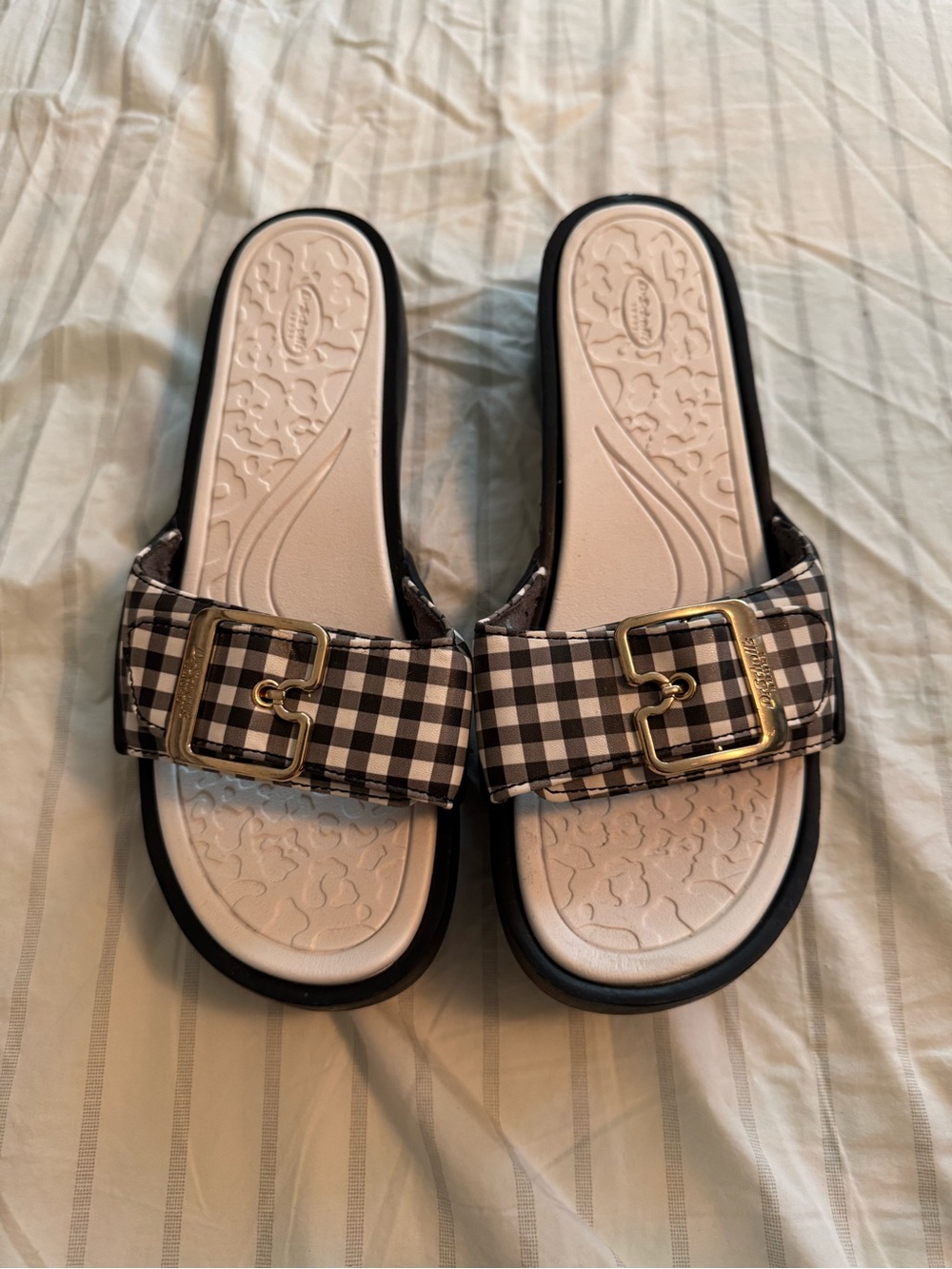 Dr Scholl’s Women’s Black & White Gingham Slide Sandals with Gold Buckle